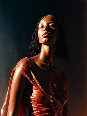 a woman in a red dress with her eyes closed