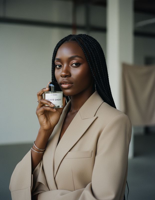 a woman in a suit holding a bottle of perfume