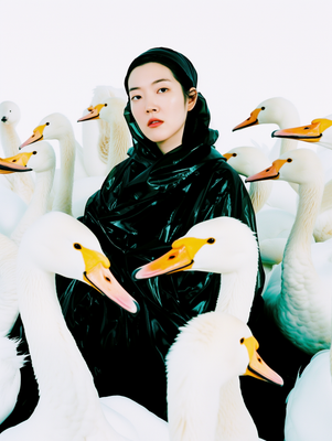 a woman in a black dress surrounded by white geese