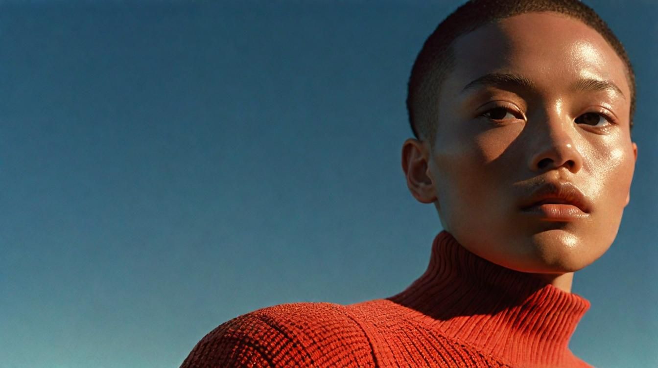 a woman in a red turtle neck sweater