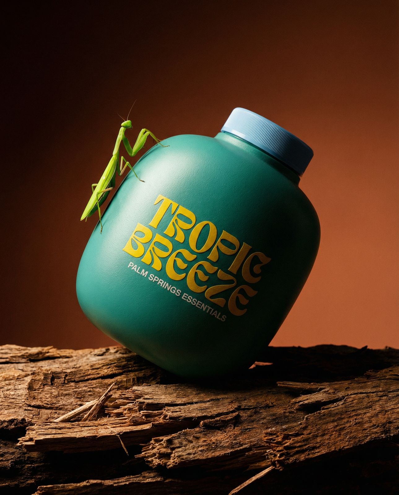 a green bottle sitting on top of a piece of wood