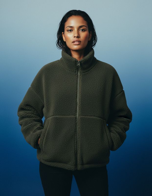 a woman standing in front of a blue background