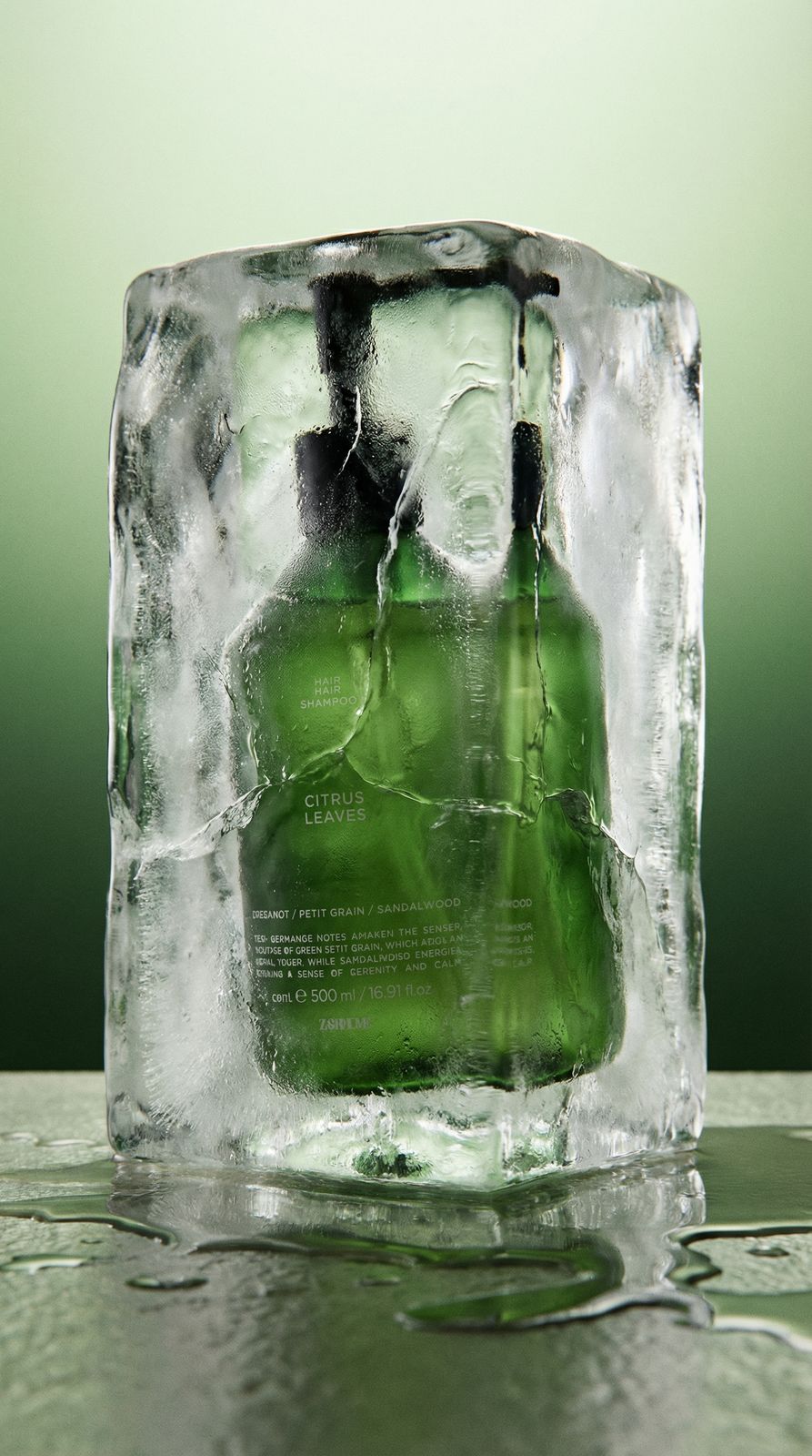 an ice block with a bottle of alcohol in it