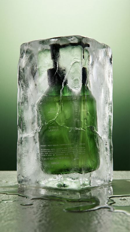 an ice block with a bottle of alcohol in it