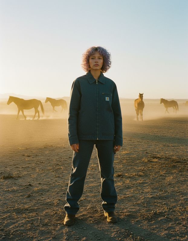 a person standing in a field with horses in the background