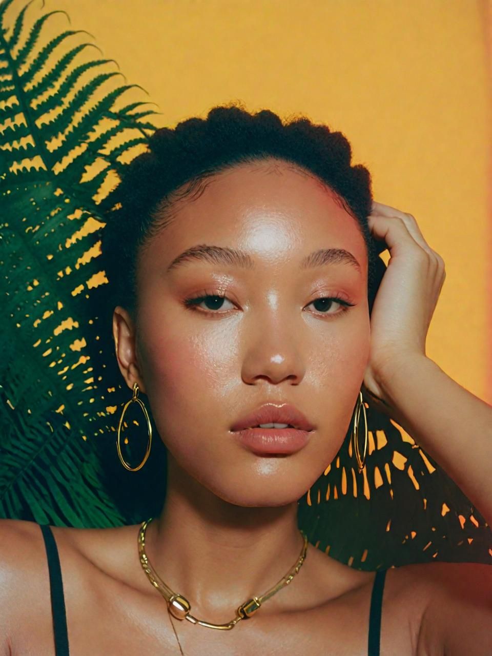 a woman wearing a black top and gold hoop earrings