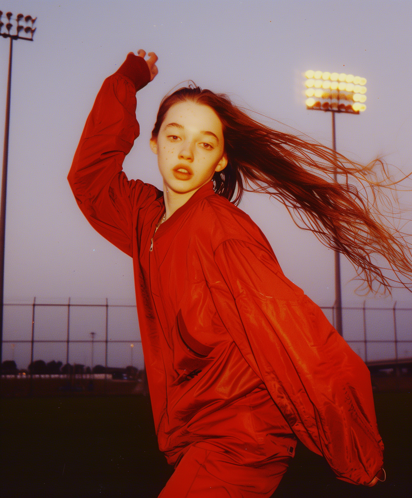 a woman in a red jacket is posing for a picture