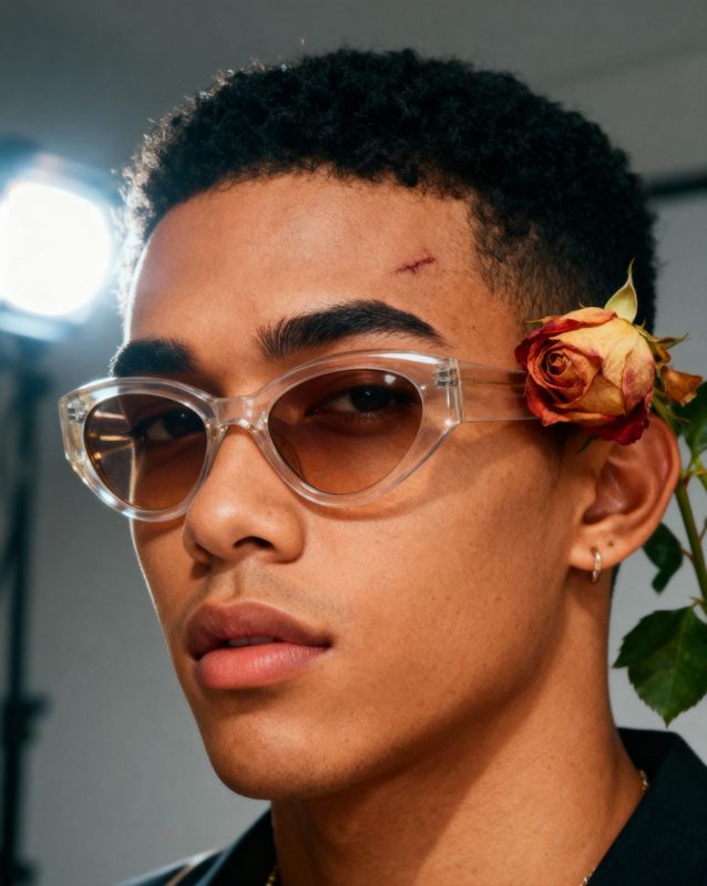 a man with a flower in his hair