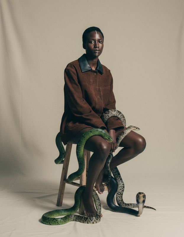 a woman sitting on a chair with a snake