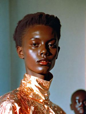 a woman in a shiny gold outfit standing in front of a mirror