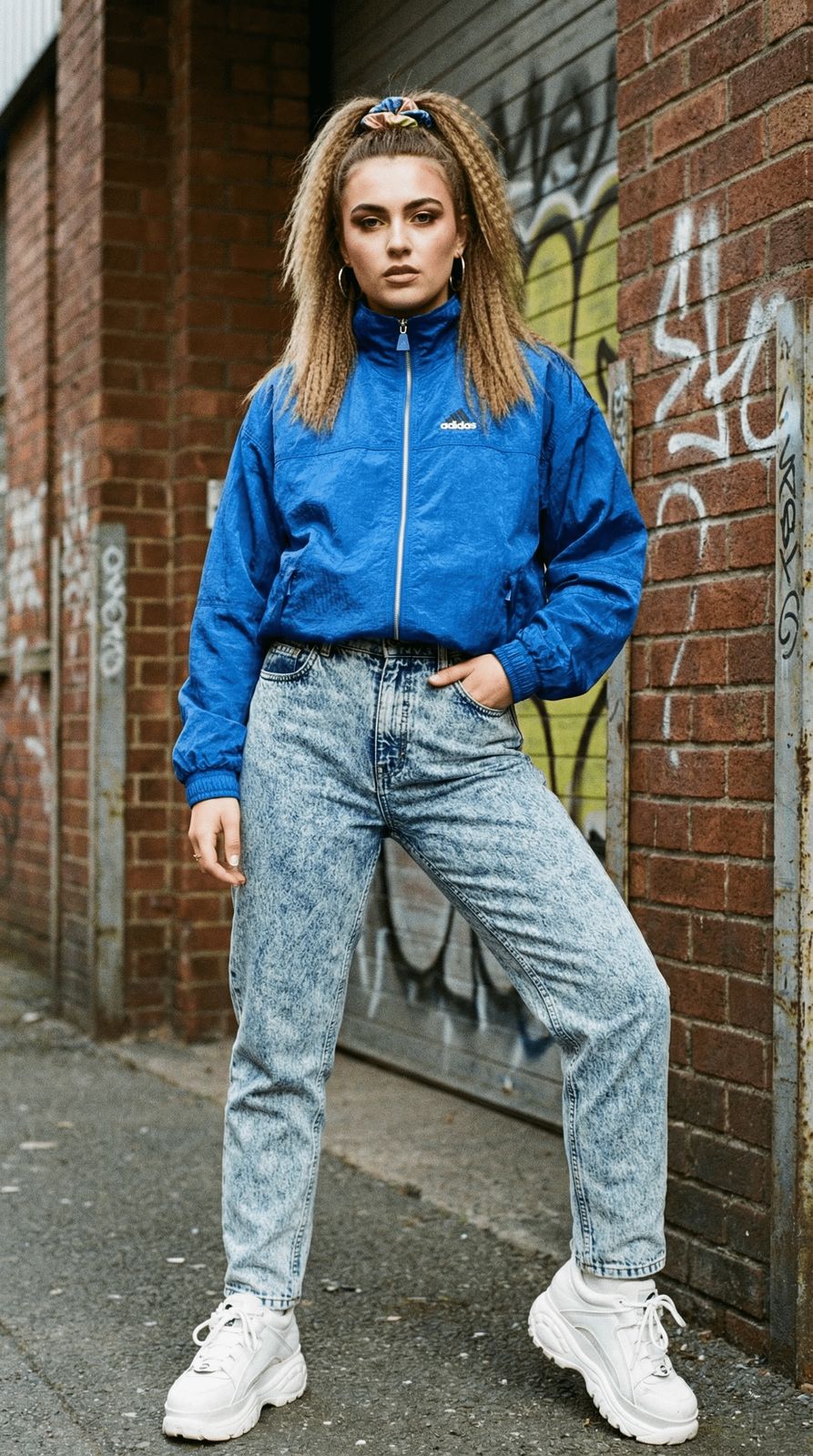 a woman standing in front of a brick wall