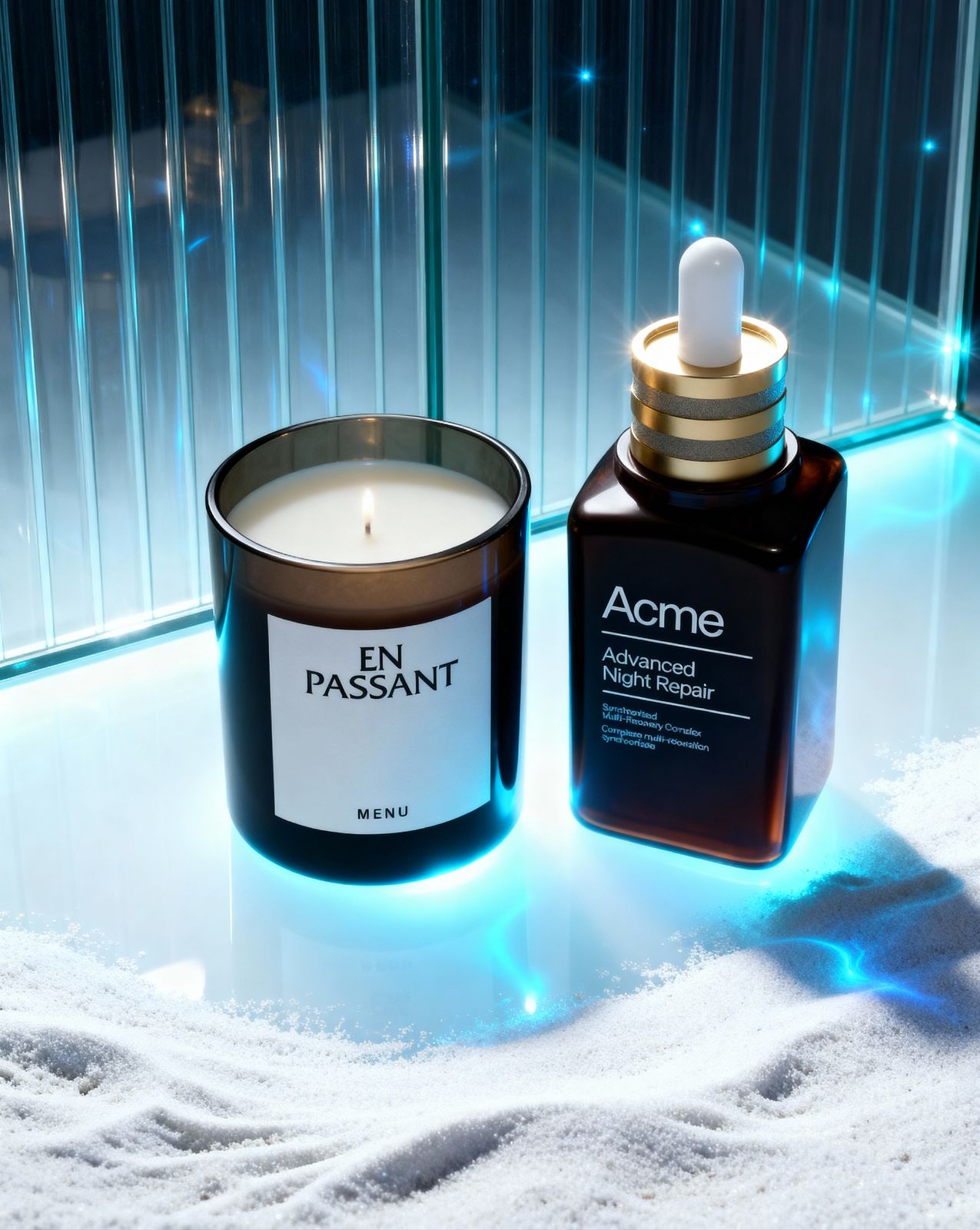 a candle sitting next to a jar of perfume