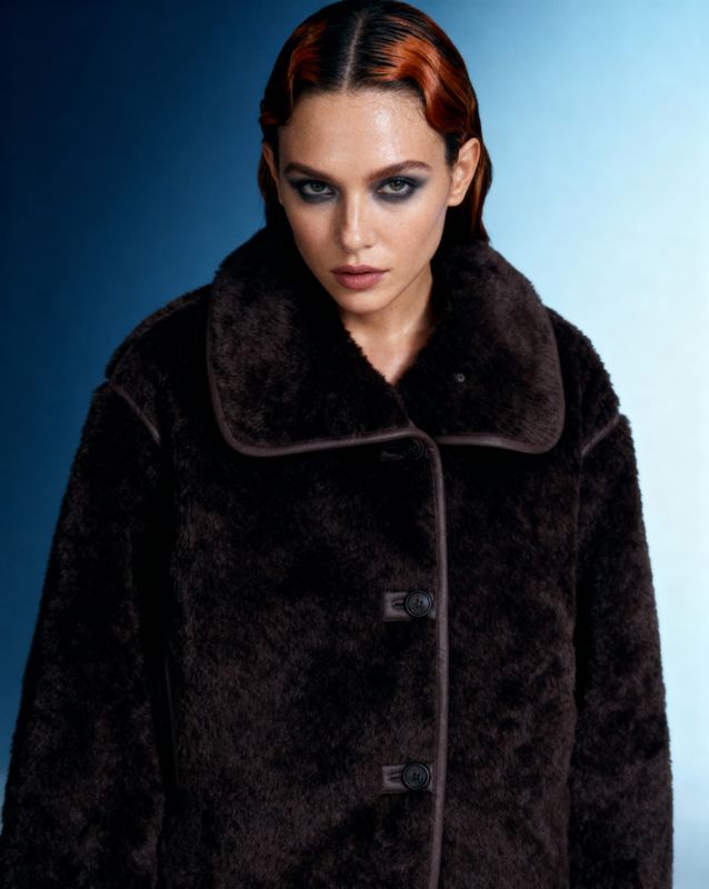 a woman with red hair wearing a black coat