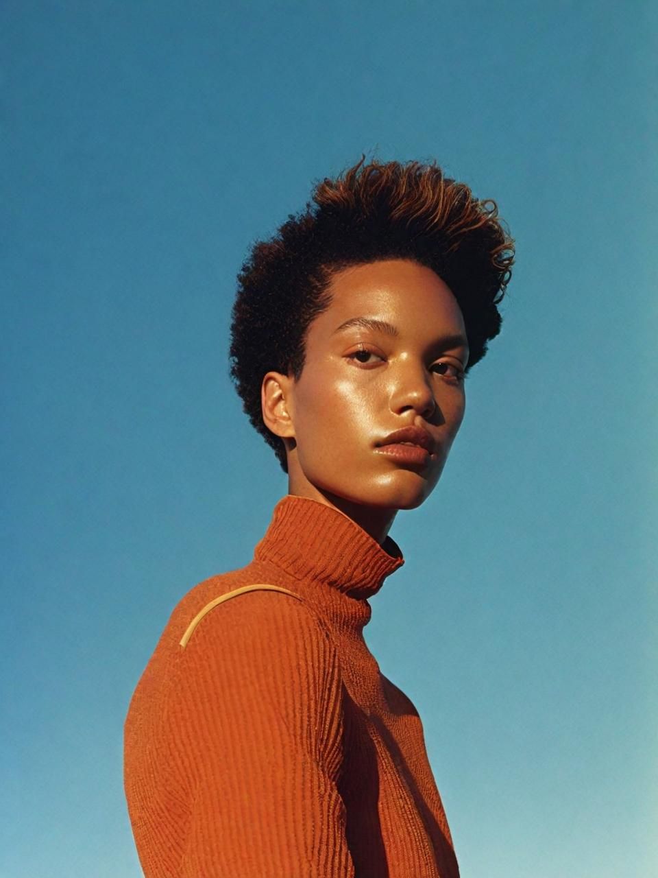 a woman in an orange turtle neck sweater