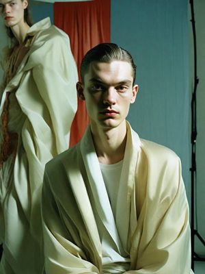 a man in a white robe standing in front of a red curtain