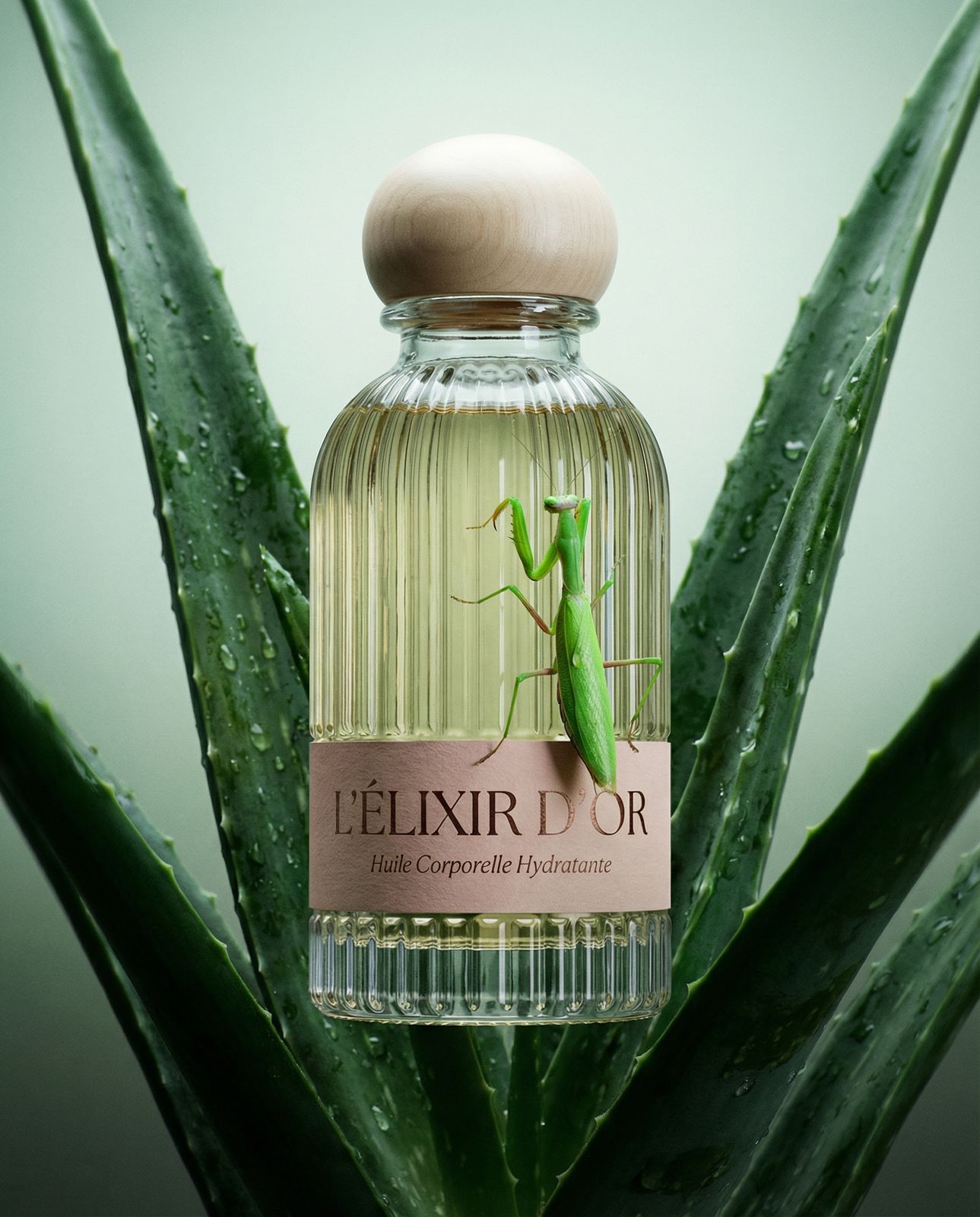 a close up of a bottle of perfume on a plant