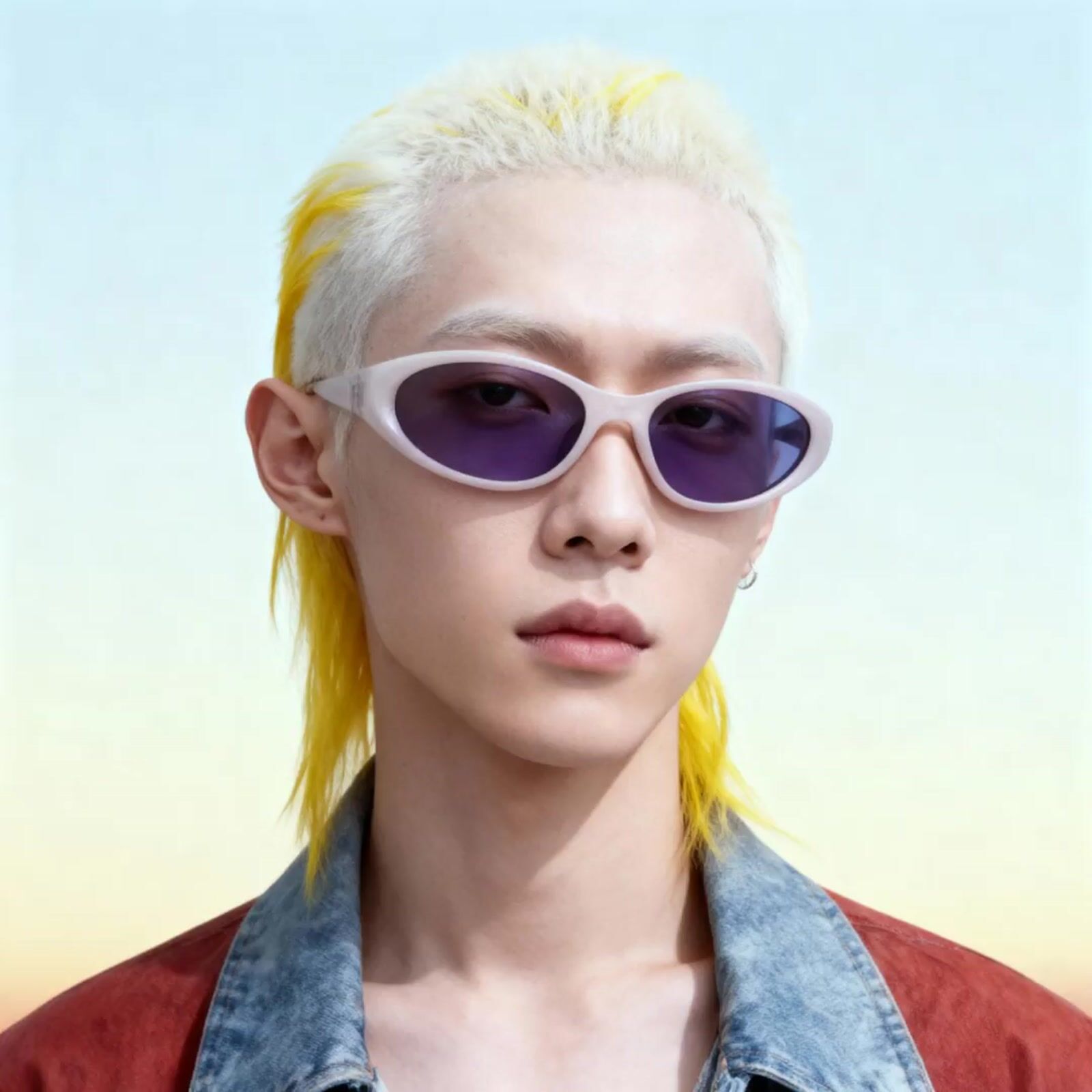 a man with blonde hair wearing sunglasses and a red shirt