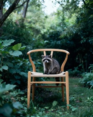 a raccoon sitting on a wooden chair in the woods