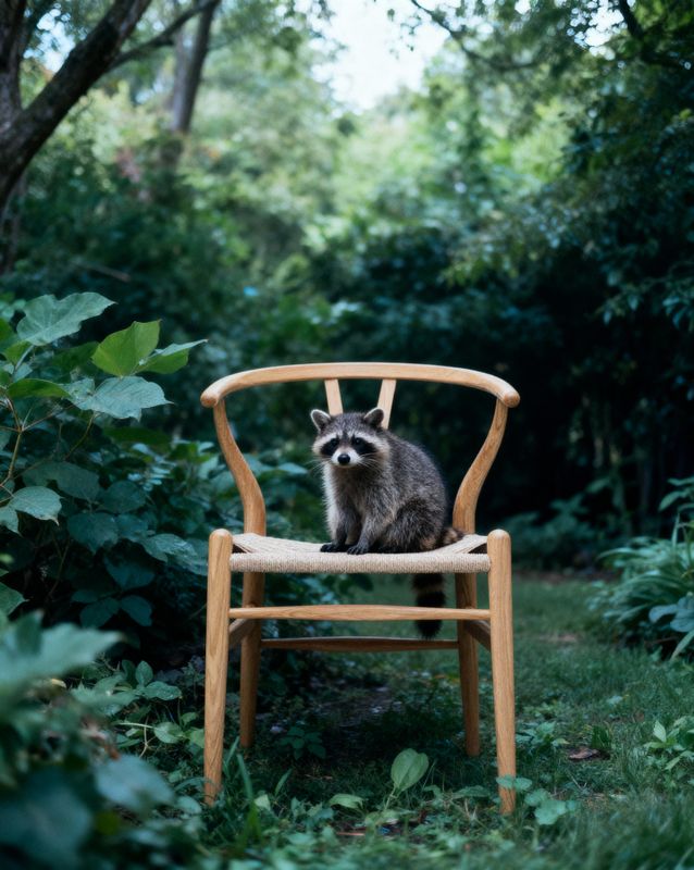a raccoon sitting on a wooden chair in the woods