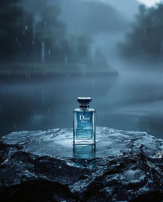 a bottle of perfume sitting on top of a rock