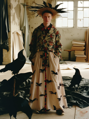 a woman standing in a room with birds on the floor