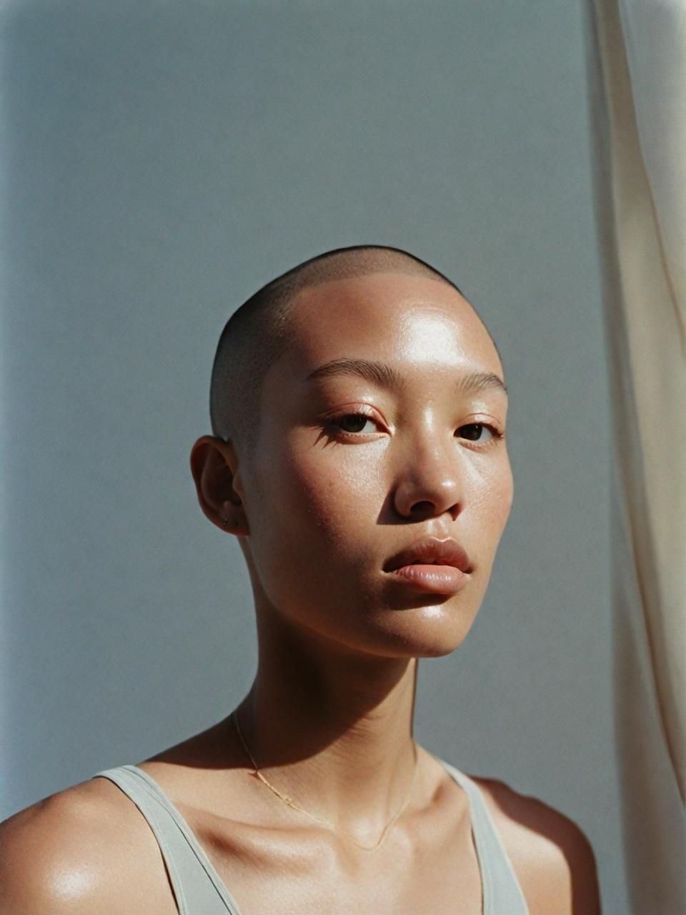 a woman with a shaved head wearing a tank top