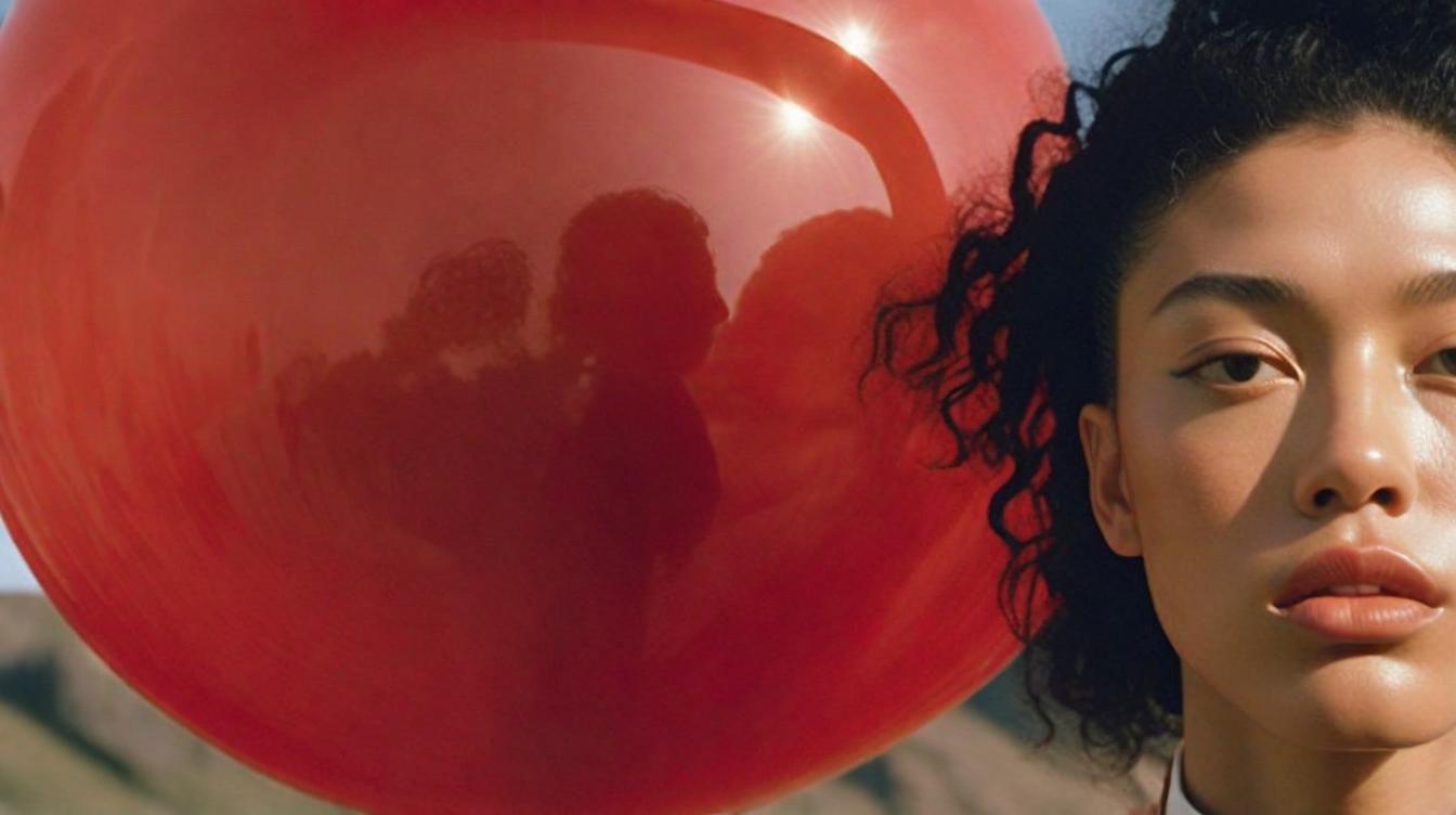 a woman holding a red balloon in front of her face