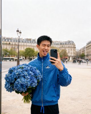 a man taking a picture of himself holding a bouquet of flowers