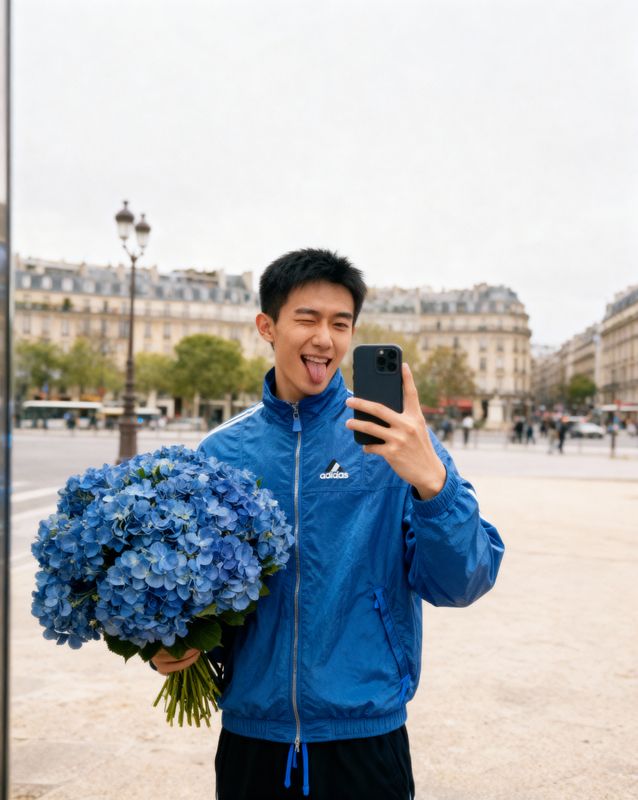 a man taking a picture of himself holding a bouquet of flowers