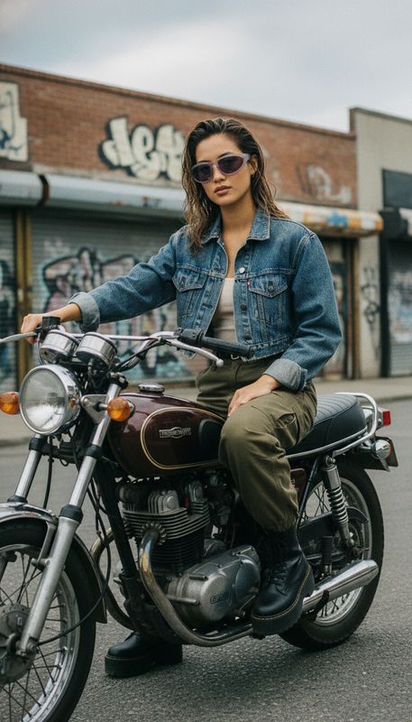 a woman riding on the back of a motorcycle