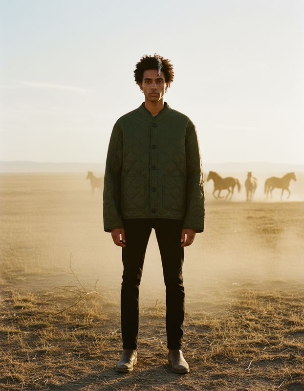 a man standing in a field with horses in the background