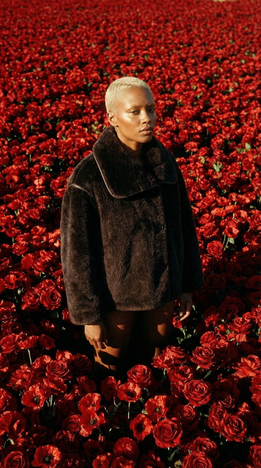 a man standing in a field of red flowers