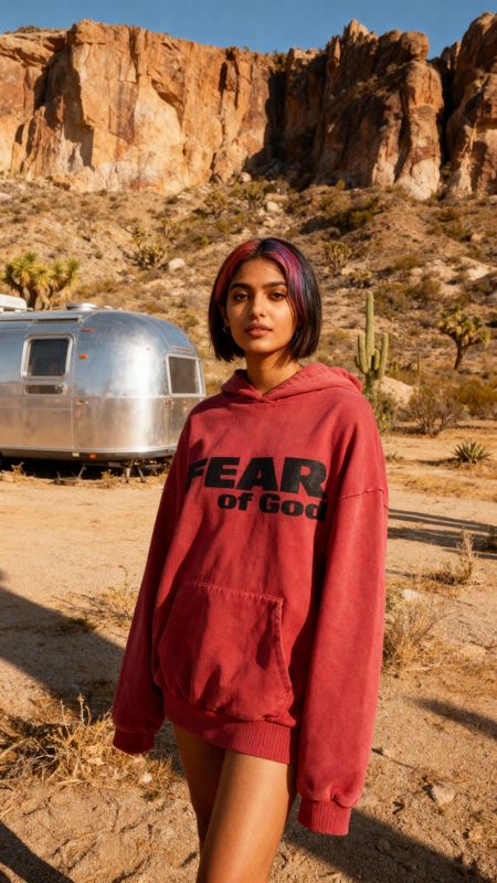 a woman in a red hoodie standing in front of a trailer