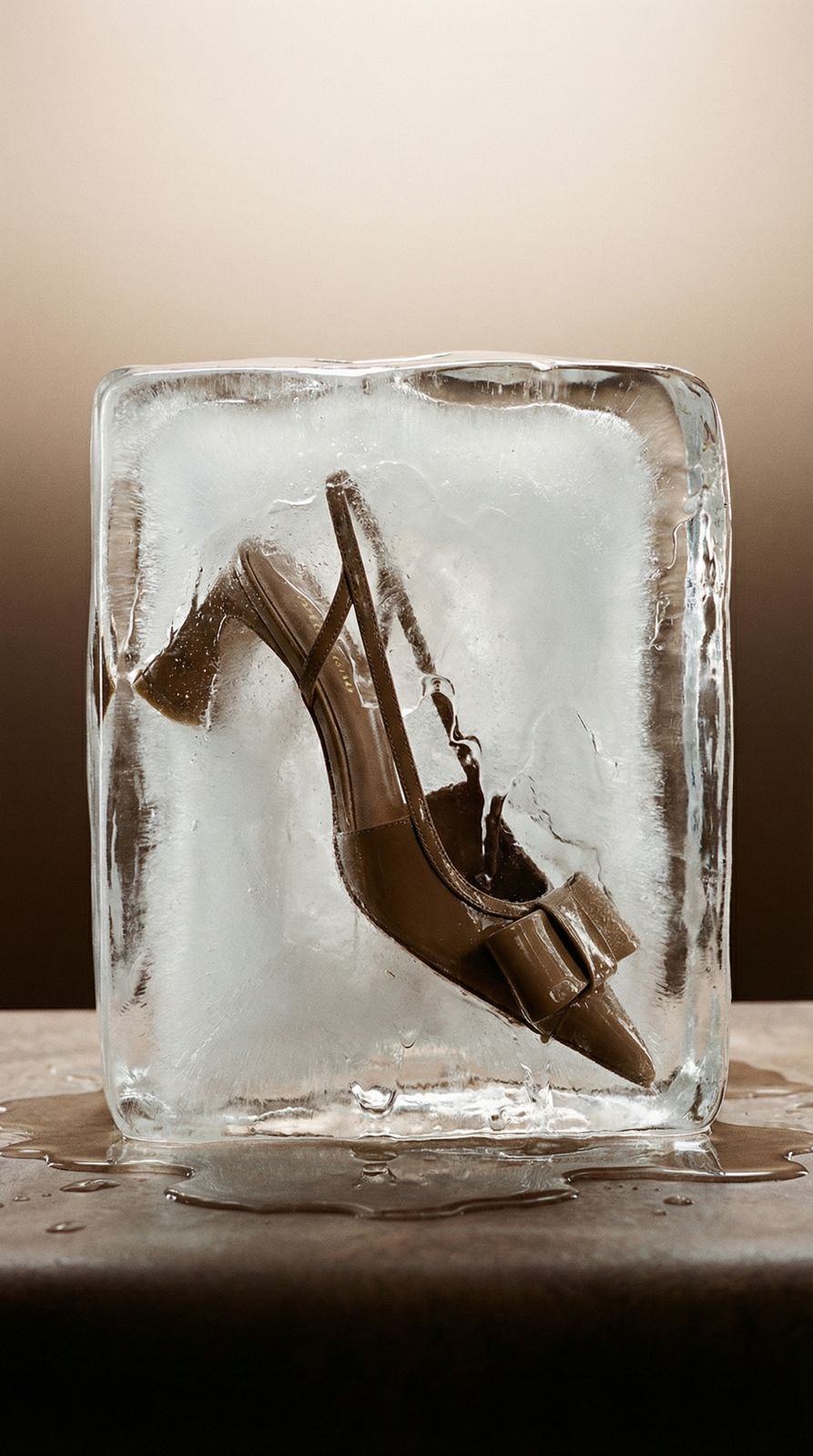 a pair of high heeled shoes in a block of ice