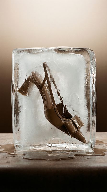 a pair of high heeled shoes in a block of ice