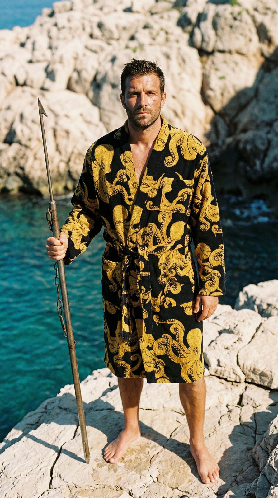 a man in a bathrobe standing on a rock next to a body of