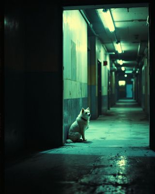 a cat sitting on the floor in a hallway