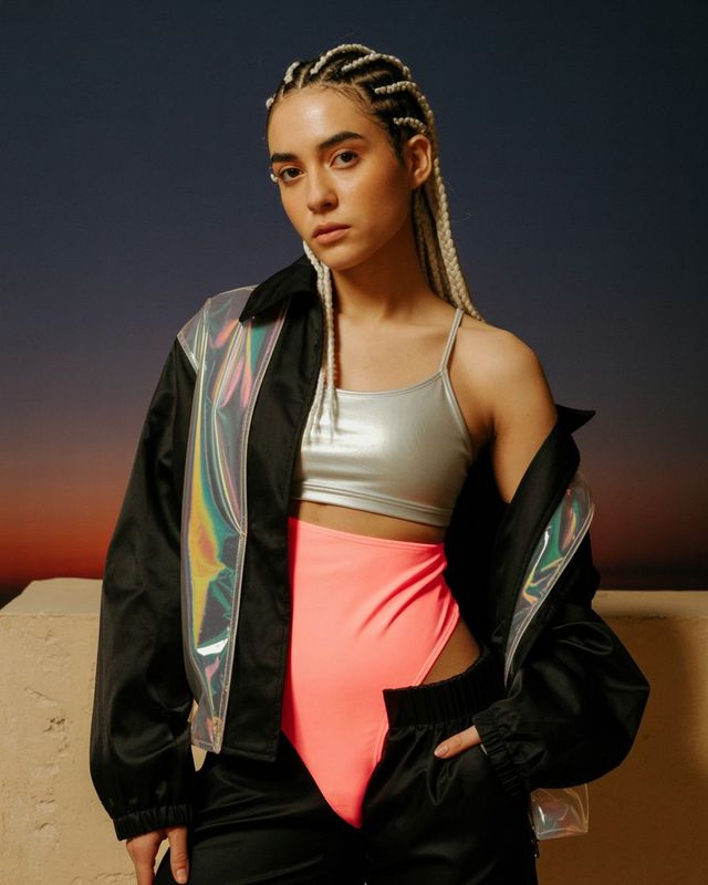 a woman with braids wearing a silver top and black jacket