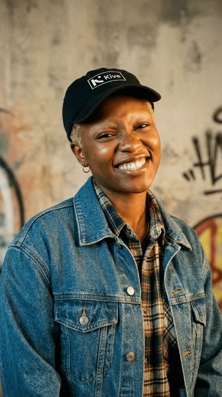 a smiling woman wearing a denim jacket and a hat