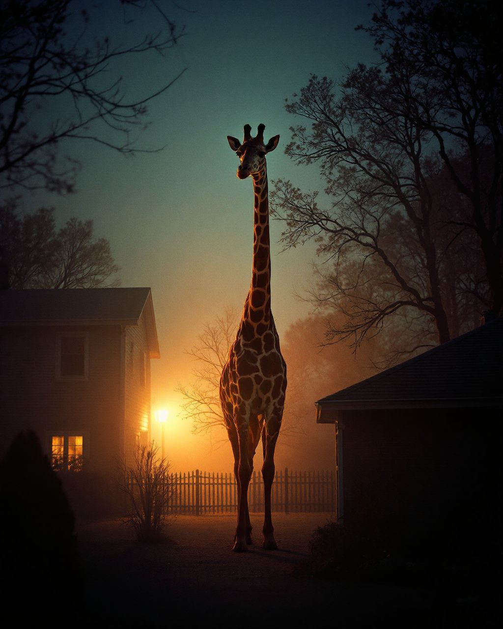 a giraffe standing in front of a house at sunset