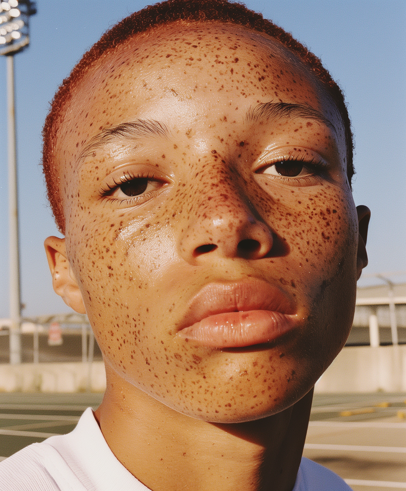 a person with freckles on their face and a stadium in the background