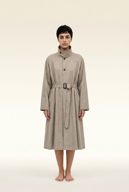 a woman in a trench coat standing in front of a white background