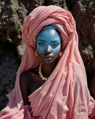 a woman with blue face paint and a pink shawl