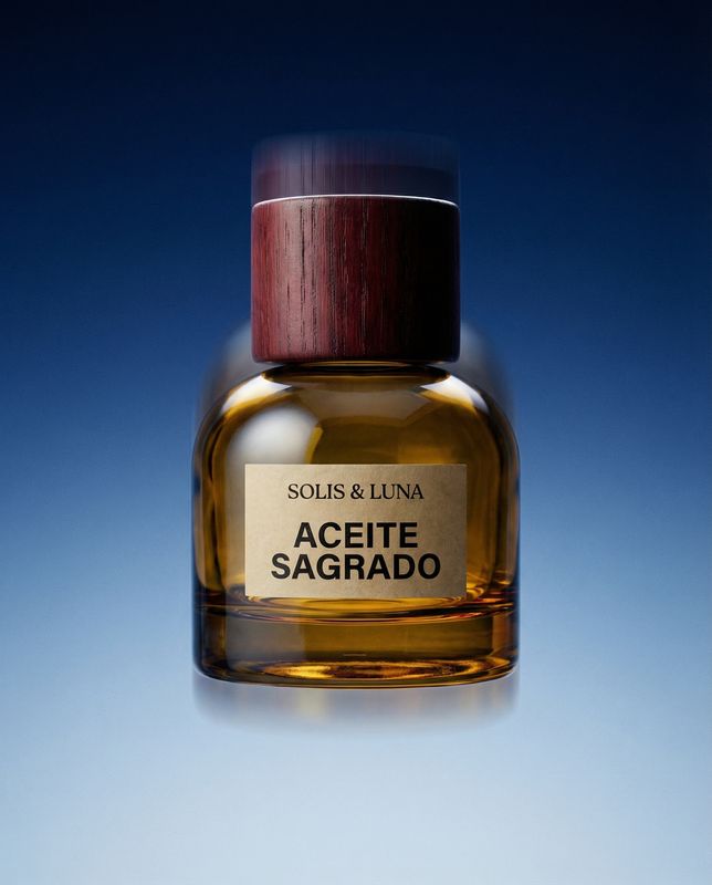 a bottle of aceite sagrado on a blue background