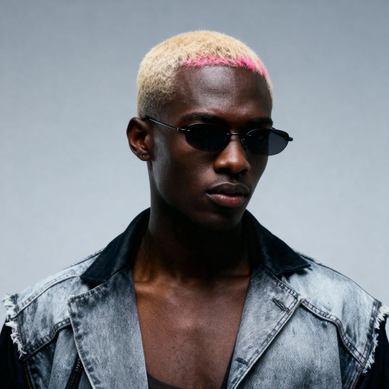 a man with a pink mohawk and sunglasses