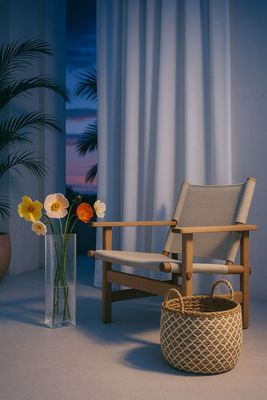 a chair and a vase with flowers in it