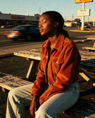 a woman sitting on a wooden bench next to a street