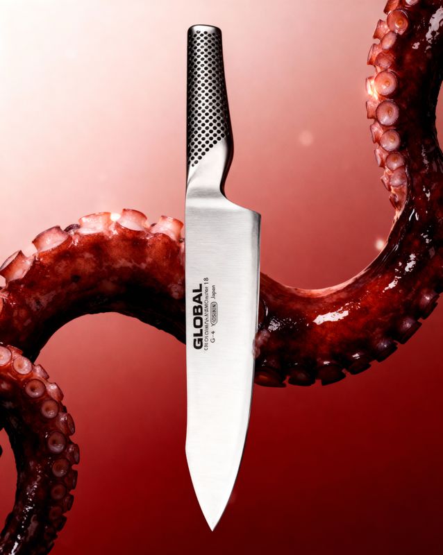 a large knife with an octopus like handle on a red background