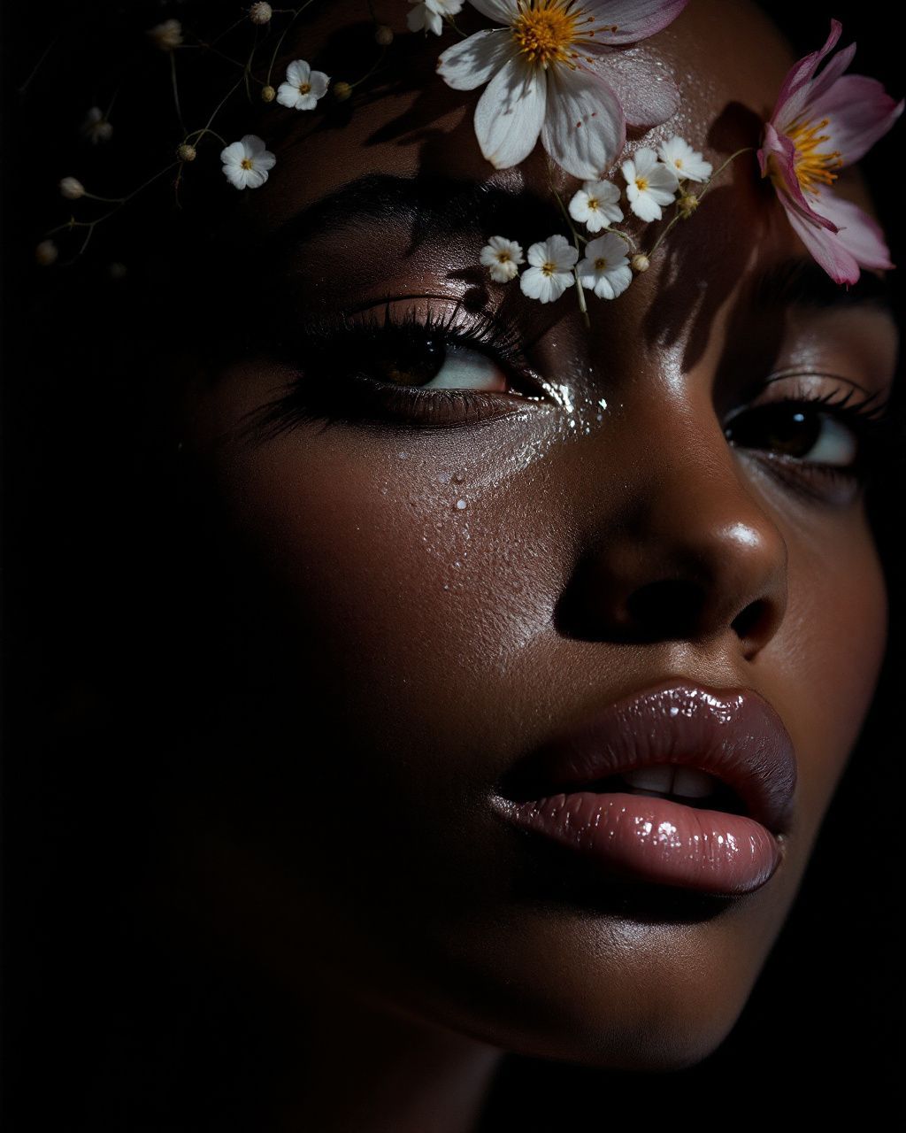 a woman with flowers in her hair