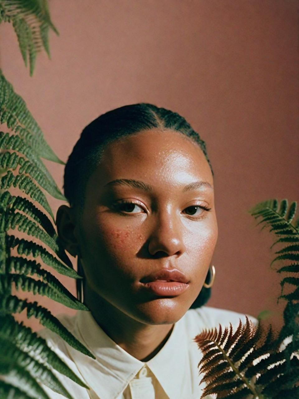 a woman is standing in front of a plant